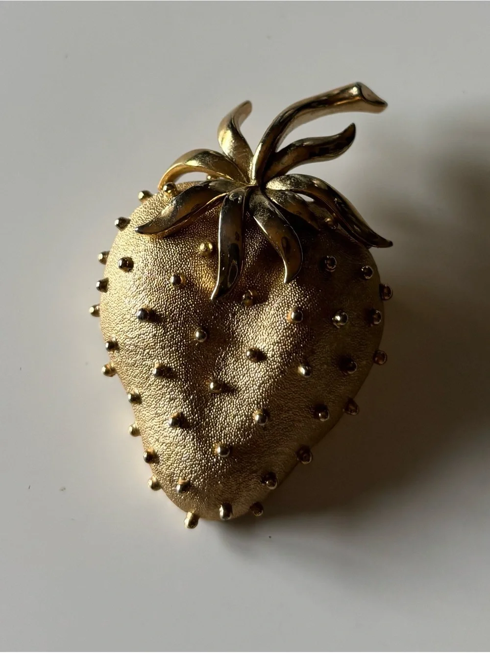 Vintage Signed Trifari Gold Tone Strawberry BroochTextured Satin Finish Fruit